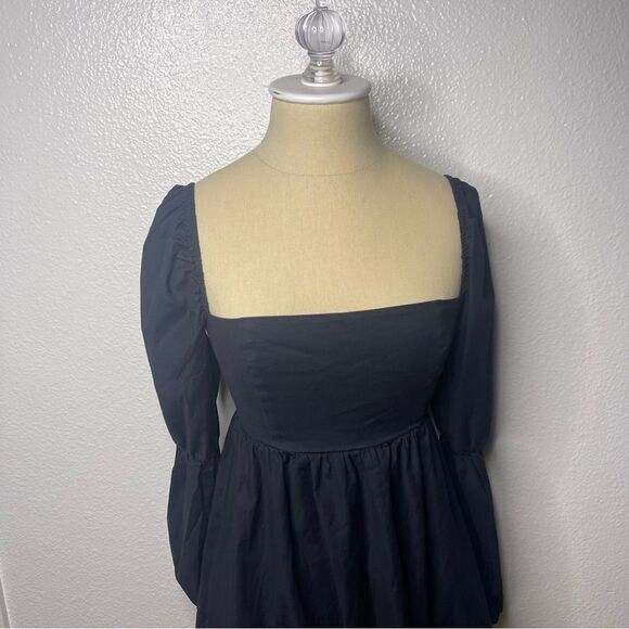 Reformation Size 2 Solid Black Short Mini Dress Long Pouf Sleeve - Picture 3 of 11